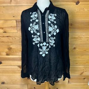 Karen Kane sheer henley button long sleeve silky black crepe blouse top shirt LG